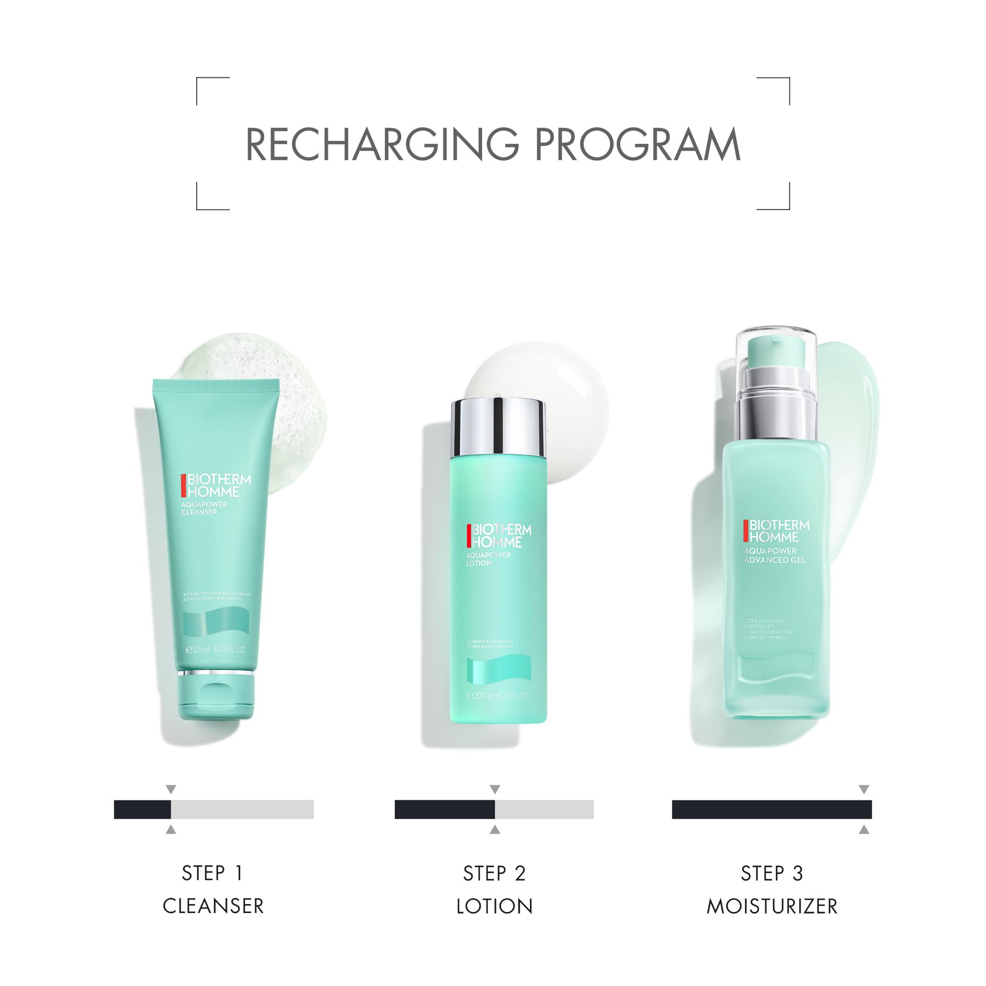Image GIF4 - A three-step Biotherm Homme skincare routine is presented with three products: a light green tube of cleanser, a tall light green bottle of lotion, and a light green pump bottle of advanced gel, each with a splash of product behind it and a step number below, with text RECHARGING PROGRAM BIOTHERM HOMME AQUAPOWER CLEANSER ULTRA-NETTOYANT & RAFRAÎCHISSANT ULTRA-CLEANSING & REFRESHING e125ml 4.22 FL. OZ. STEP 1 CLEANSER BIOTHERM HOMME AQUAPOWER LOTION TONIFIANT & HYDRATANT TONING & MOISTURIZING e200ml 6.76 FL. OZ. STEP 2 LOTION BIOTHERM HOMME AQUAPOWER ADVANCED GEL ULTRA-HYDRATANT & FORTIFIANT ULTRA-MOISTURIZING & STRENGTHENING STEP 3 MOISTURIZER.